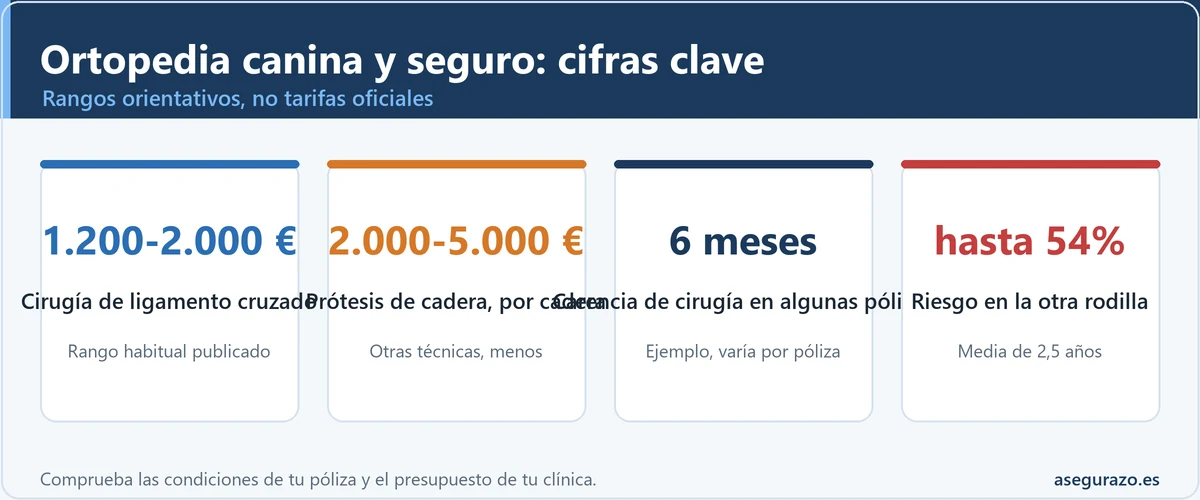 Infografía con cuatro cifras orientativas: cirugía de ligamento cruzado de 1.200 a 2.000 euros, prótesis de cadera de 2.000 a 5.000 euros por cadera, carencia de cirugía de unos 6 meses en algunas pólizas y hasta un 54% de riesgo en la otra rodilla.