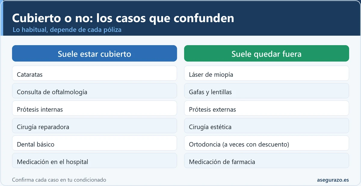 Tabla comparativa de seis pares de servicios: cataratas frente a láser de miopía, consulta de oftalmología frente a gafas, prótesis internas frente a externas, cirugía reparadora frente a estética, dental básico frente a ortodoncia y medicación hospitalaria frente a la de farmacia.