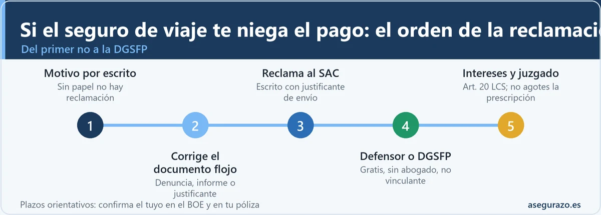 Línea de tiempo con los cinco pasos para reclamar a un seguro de viaje que ha denegado el pago: pedir el motivo por escrito, corregir el documento flojo, reclamar al SAC, acudir al Defensor del Asegurado o a la DGSFP y, como última vía, intereses y juzgado.