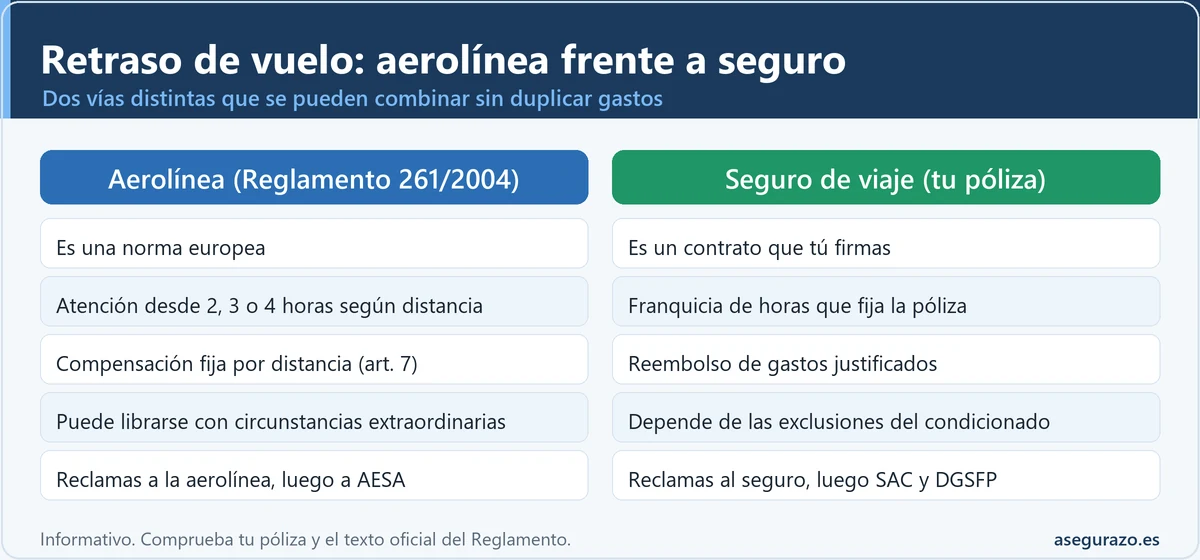 Infografía comparativa entre reclamar un retraso de vuelo a la aerolínea según el Reglamento 261/2004 y reclamarlo al seguro de viaje: base, umbrales de horas, tipo de pago, causas de exclusión y vía de reclamación.