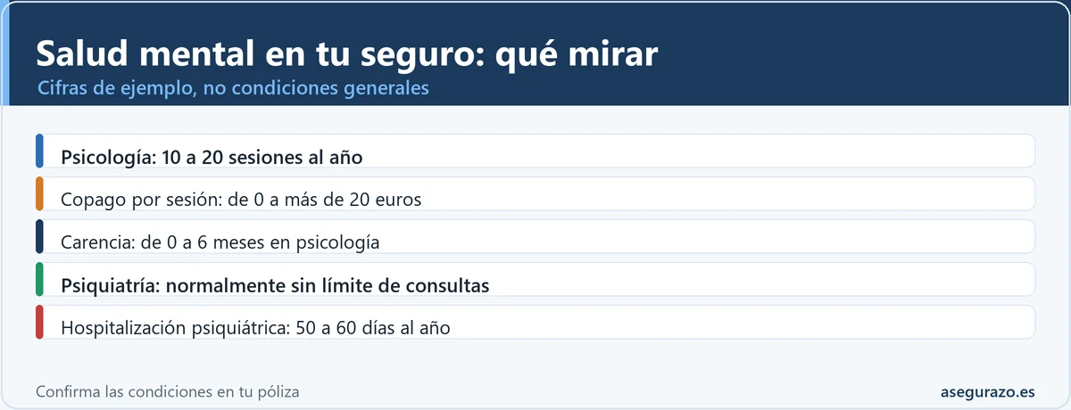 Lista de cinco puntos para revisar la salud mental en un seguro de salud: sesiones de psicología al año, copago por sesión, carencia, psiquiatría sin límite habitual de consultas y días de hospitalización psiquiátrica.