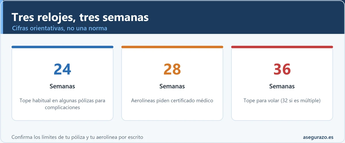 Infografía con tres cifras orientativas: la semana 24 como tope habitual de algunas pólizas para complicaciones imprevistas, la semana 28 desde la que las aerolíneas piden certificado médico y la semana 36 como tope para volar, 32 en embarazo múltiple.
