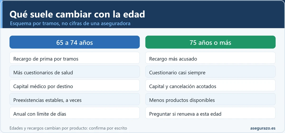 Comparativa de qué suele cambiar en el seguro de viaje entre el tramo de 65 a 74 años y el de 75 años o más: recargo de prima, cuestionario de salud, capital médico, preexistencias y renovación.