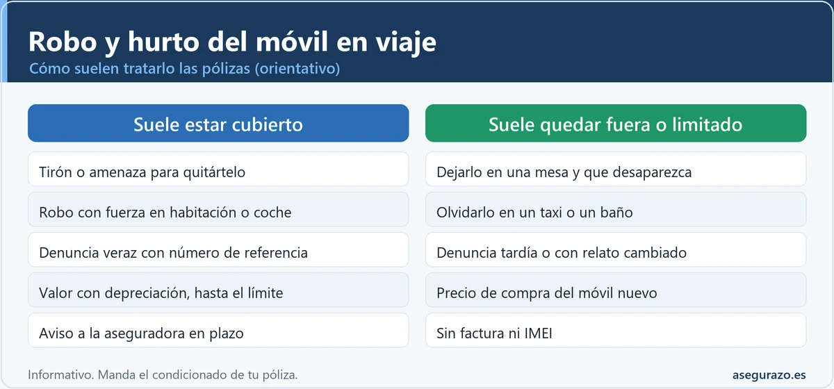 Infografía comparativa de cómo suelen tratar las pólizas de viaje el robo de móvil: a la izquierda lo que suele estar cubierto (robo con violencia o fuerza, denuncia veraz, aviso en plazo) y a la derecha lo que suele quedar fuera o limitado (descuido, extravío, denuncia tardía, falta de factura).